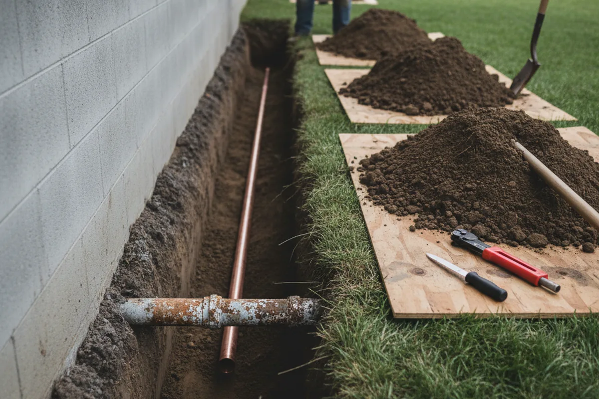 Excavated water line trench during Sewer Line Repair in Peabody